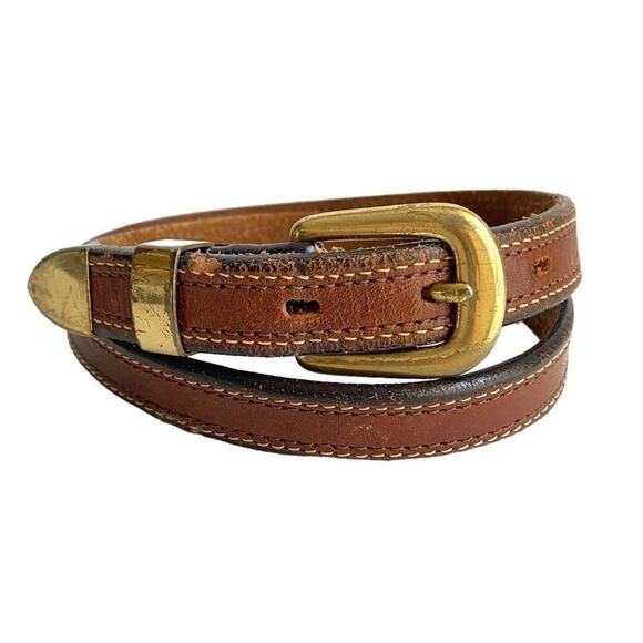 Vintage Accessories - Vintage 80s Jordache Brown Leather Skinny Belt Brass Tone Buckle Womens 28 Small